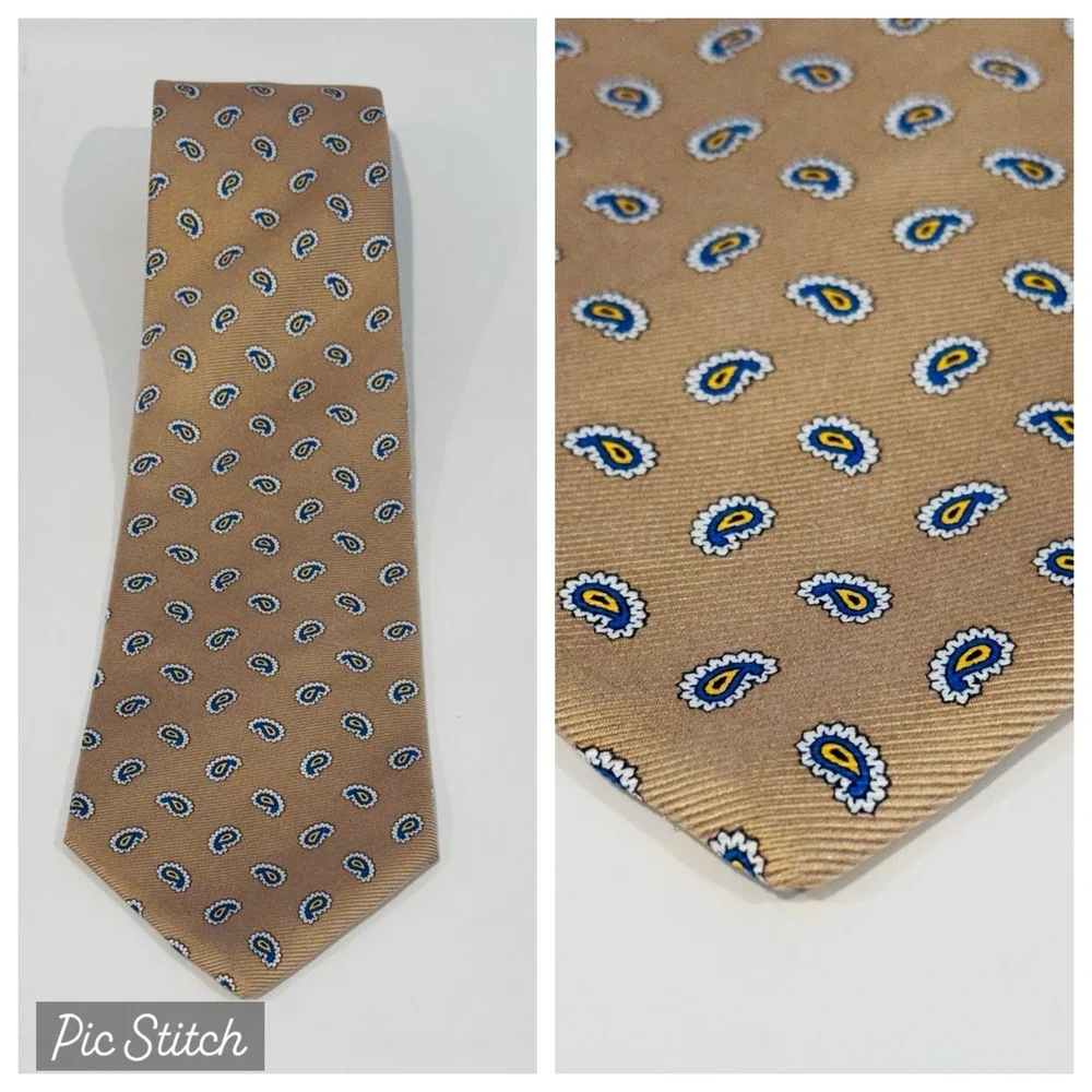 Brooks Brothers 346 Pure Silk‎ Tie Made in USA Gold w Blue White Micro Paisley